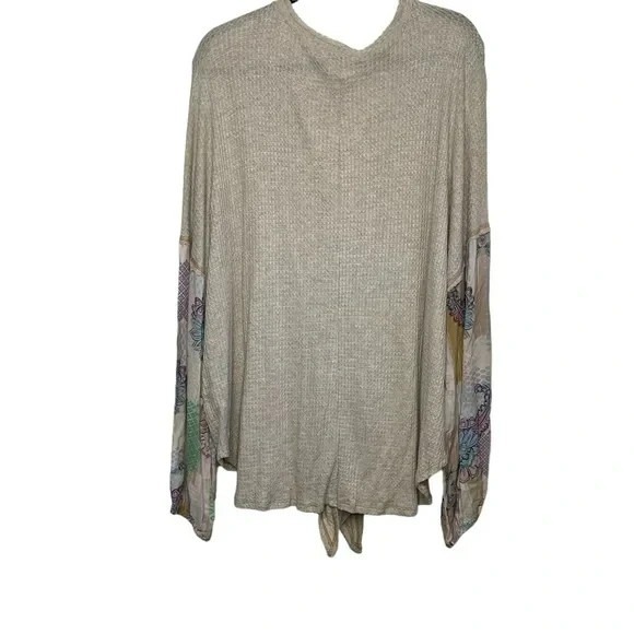 Hummingbird Tie‎ Front Waffle Knit Top Size 3X Boho Mixed Print Sleeve Bohochic - Picture 7 of 12
